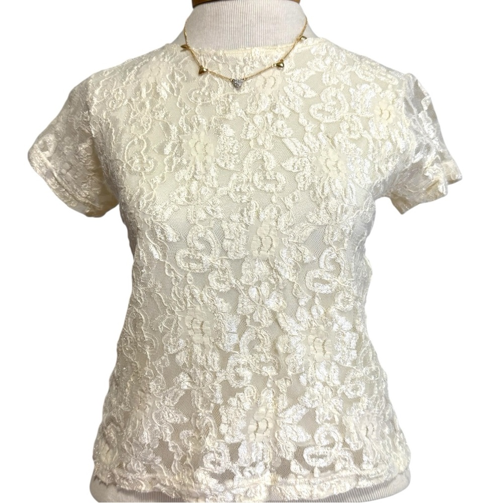 VTG Y2K whimsigoth sheer lace cream‎ floral fitted top